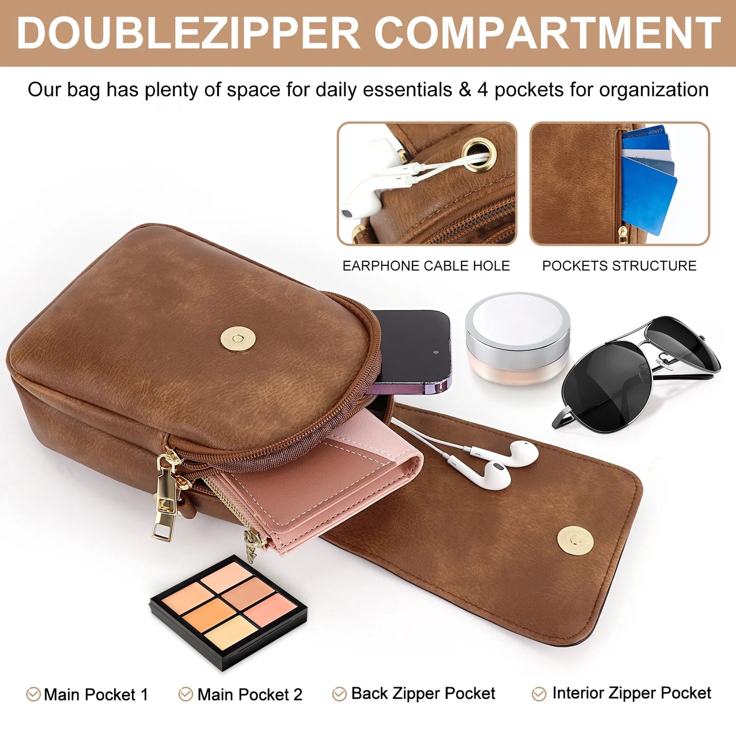 Small Crossbody Bags for Women, Vegan Leather Phone Wallet Purses with Detachable & Adjustable Guitar Strap, Double Compartment & Back Zipper Pocket, Trendy Crossbody Purse for Travel, Brown