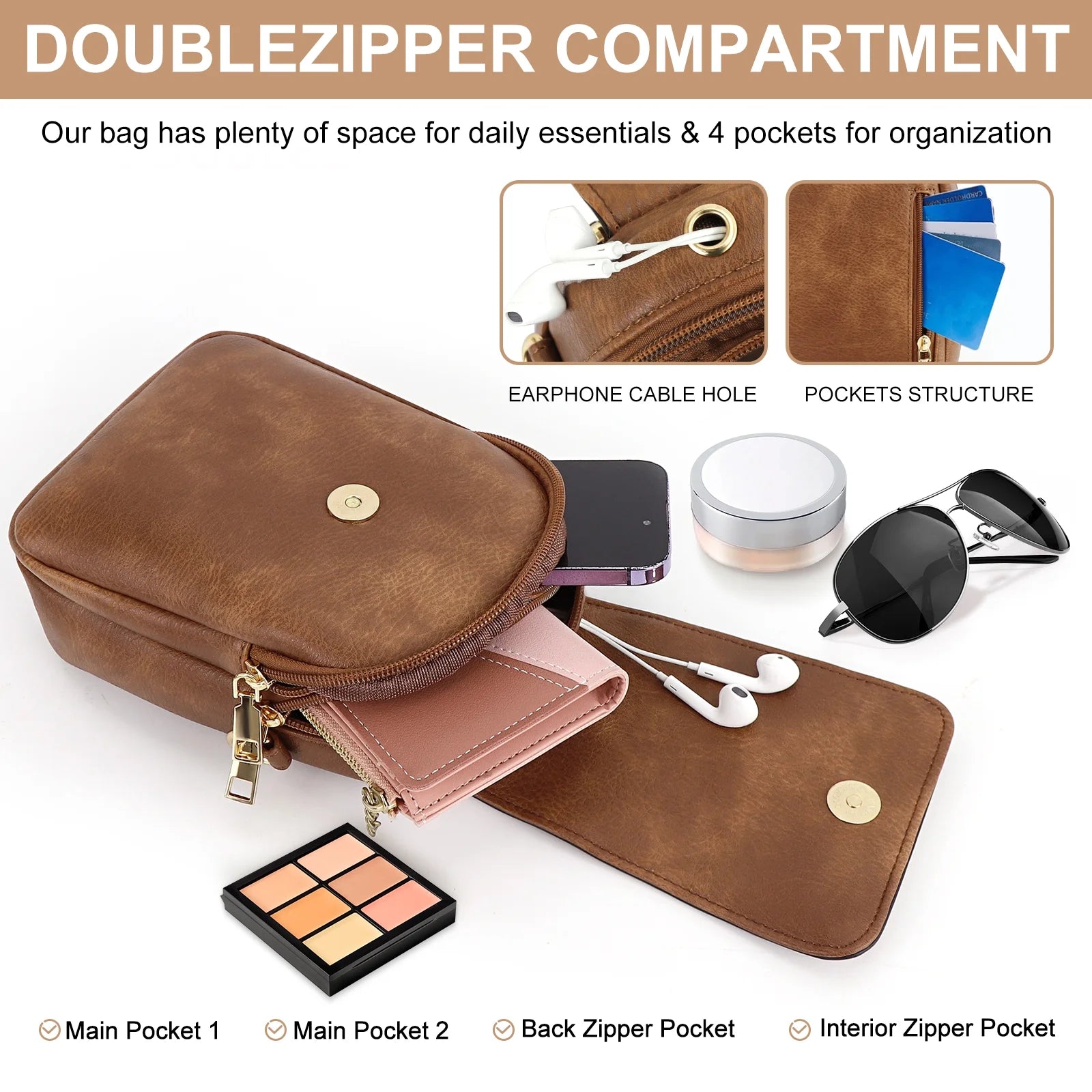 Small Crossbody Bags for Women, Vegan Leather Phone Wallet Purses with Detachable & Adjustable Guitar Strap, Double Compartment & Back Zipper Pocket, Trendy Crossbody Purse for Travel, Brown