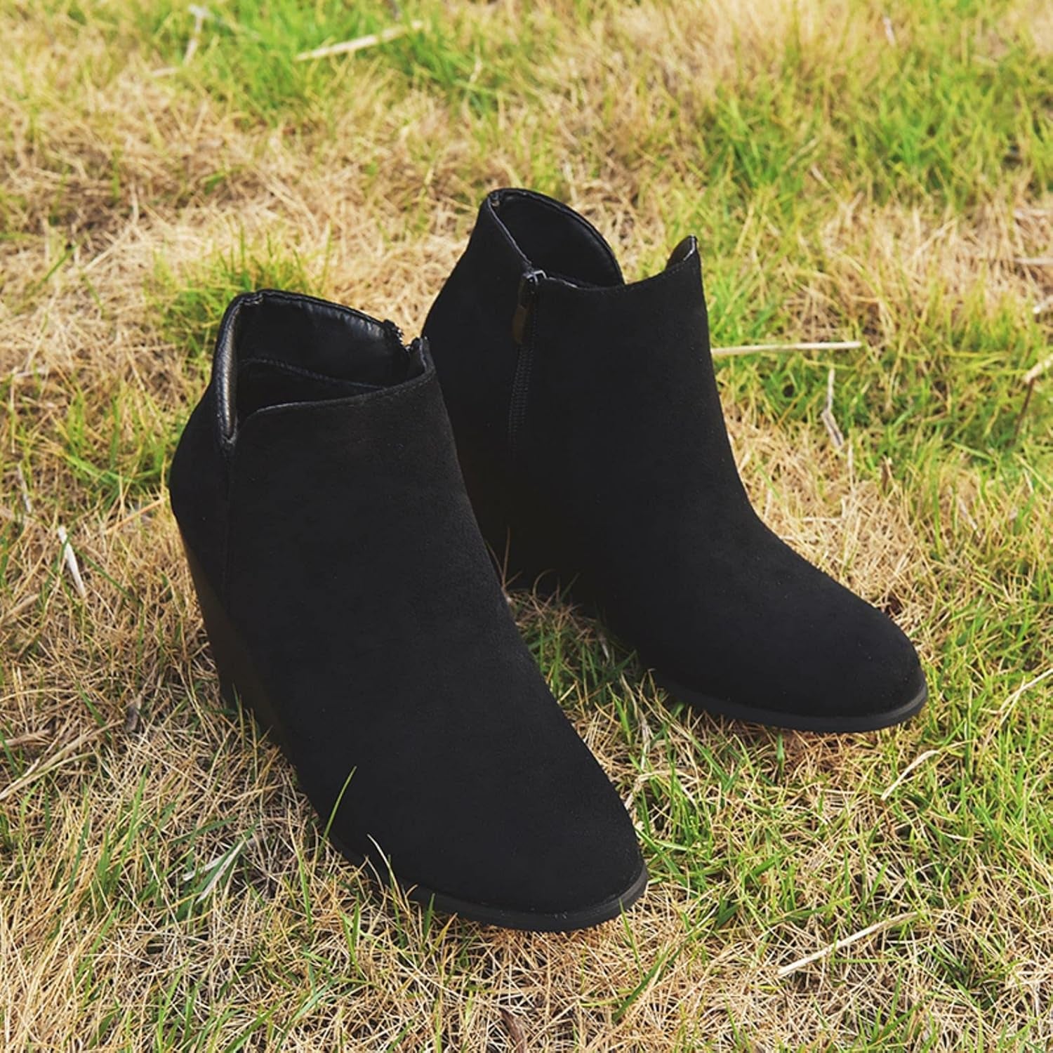 Womens Booties and Ankle Boots Fashion round Toe Zipper Suede Casual Wedge Platform High Heels Comfortable Waterproof Work Chunky Shoes