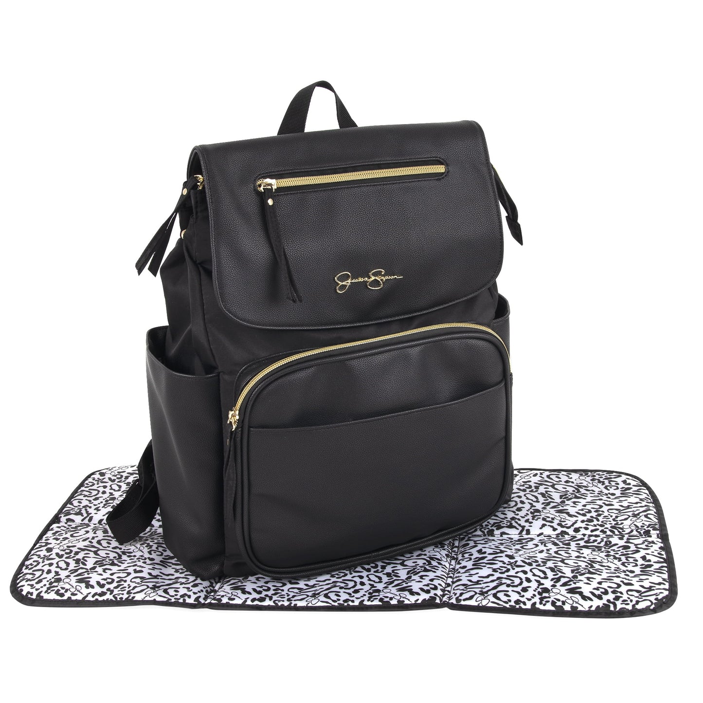 Black Vegan Leather Multi-Pocket Magnetic Flap & Zipper Closure Fashion Diaper Bag Backpack with Snow Leopard Print Interior, Matching 3-Ply Folding Baby Changing Pad