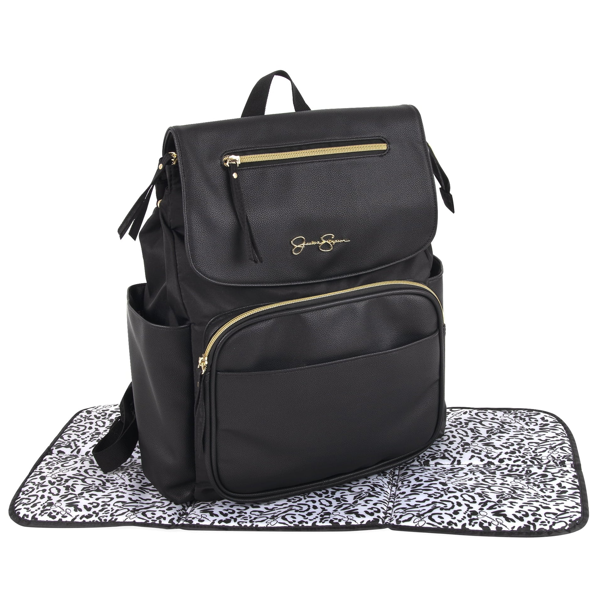 Black Vegan Leather Multi-Pocket Magnetic Flap & Zipper Closure Fashion Diaper Bag Backpack with Snow Leopard Print Interior, Matching 3-Ply Folding Baby Changing Pad