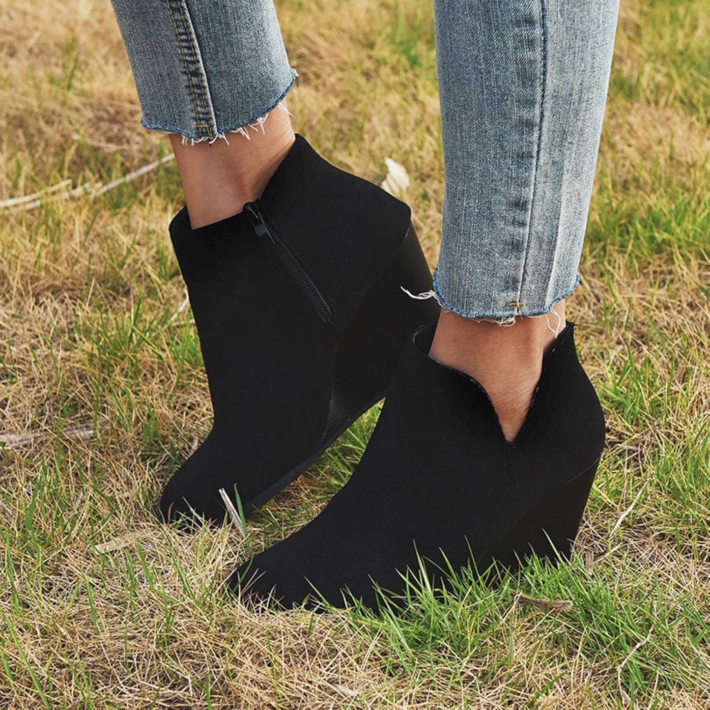 Womens Booties and Ankle Boots Fashion round Toe Zipper Suede Casual Wedge Platform High Heels Comfortable Waterproof Work Chunky Shoes