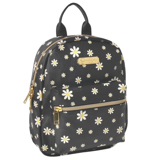 Mini Waterproof Vegan Leather Backpack for Women, Commuting & Traveling in Black Flowers