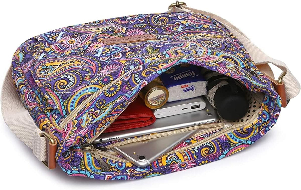 Women 'S Durable Floral Crossbody Bag Canvas Messenger Handbag Multi Pocket Travel Satchel Purse