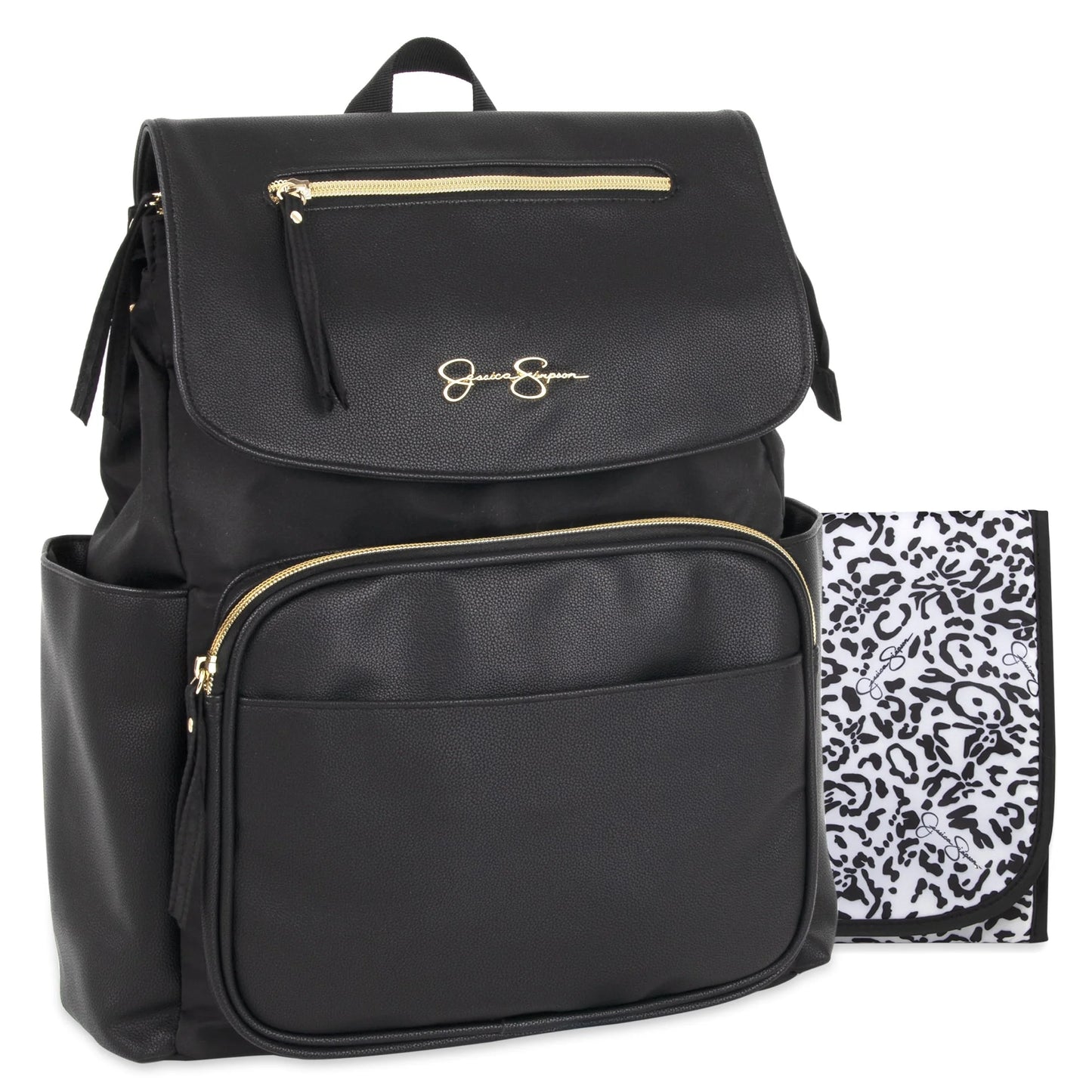 Black Vegan Leather Multi-Pocket Magnetic Flap & Zipper Closure Fashion Diaper Bag Backpack with Snow Leopard Print Interior, Matching 3-Ply Folding Baby Changing Pad