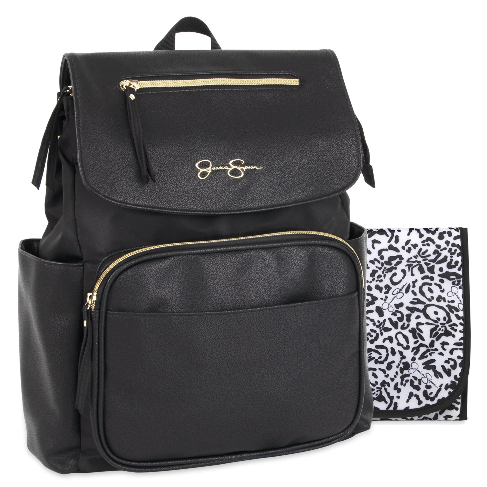 Black Vegan Leather Multi-Pocket Magnetic Flap & Zipper Closure Fashion Diaper Bag Backpack with Snow Leopard Print Interior, Matching 3-Ply Folding Baby Changing Pad