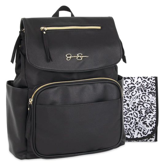 Black Vegan Leather Multi-Pocket Magnetic Flap & Zipper Closure Fashion Diaper Bag Backpack with Snow Leopard Print Interior, Matching 3-Ply Folding Baby Changing Pad