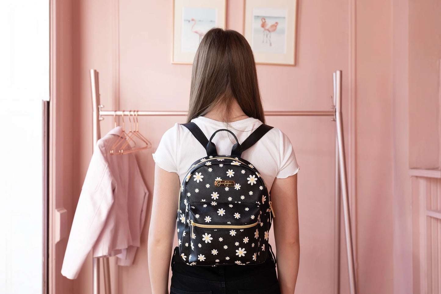 Mini Waterproof Vegan Leather Backpack for Women, Commuting & Traveling in Black Flowers
