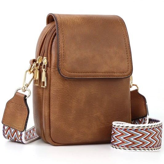 Small Crossbody Bags for Women, Vegan Leather Phone Wallet Purses with Detachable & Adjustable Guitar Strap, Double Compartment & Back Zipper Pocket, Trendy Crossbody Purse for Travel, Brown