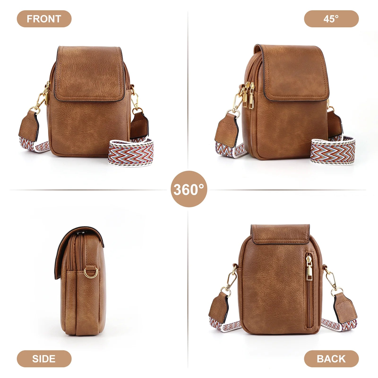 Small Crossbody Bags for Women, Vegan Leather Phone Wallet Purses with Detachable & Adjustable Guitar Strap, Double Compartment & Back Zipper Pocket, Trendy Crossbody Purse for Travel, Brown