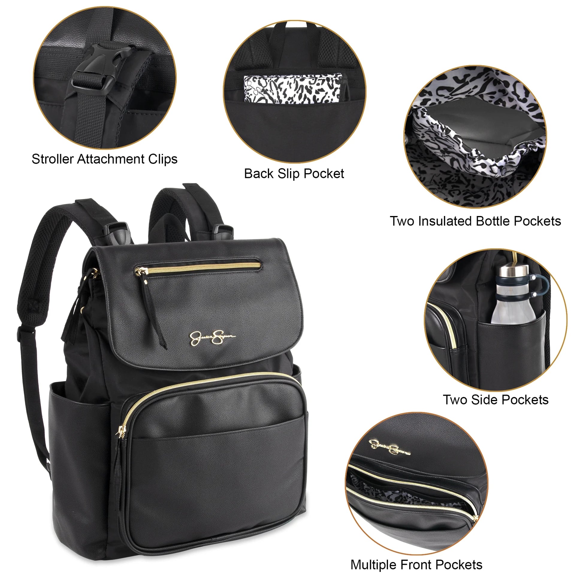 Black Vegan Leather Multi-Pocket Magnetic Flap & Zipper Closure Fashion Diaper Bag Backpack with Snow Leopard Print Interior, Matching 3-Ply Folding Baby Changing Pad