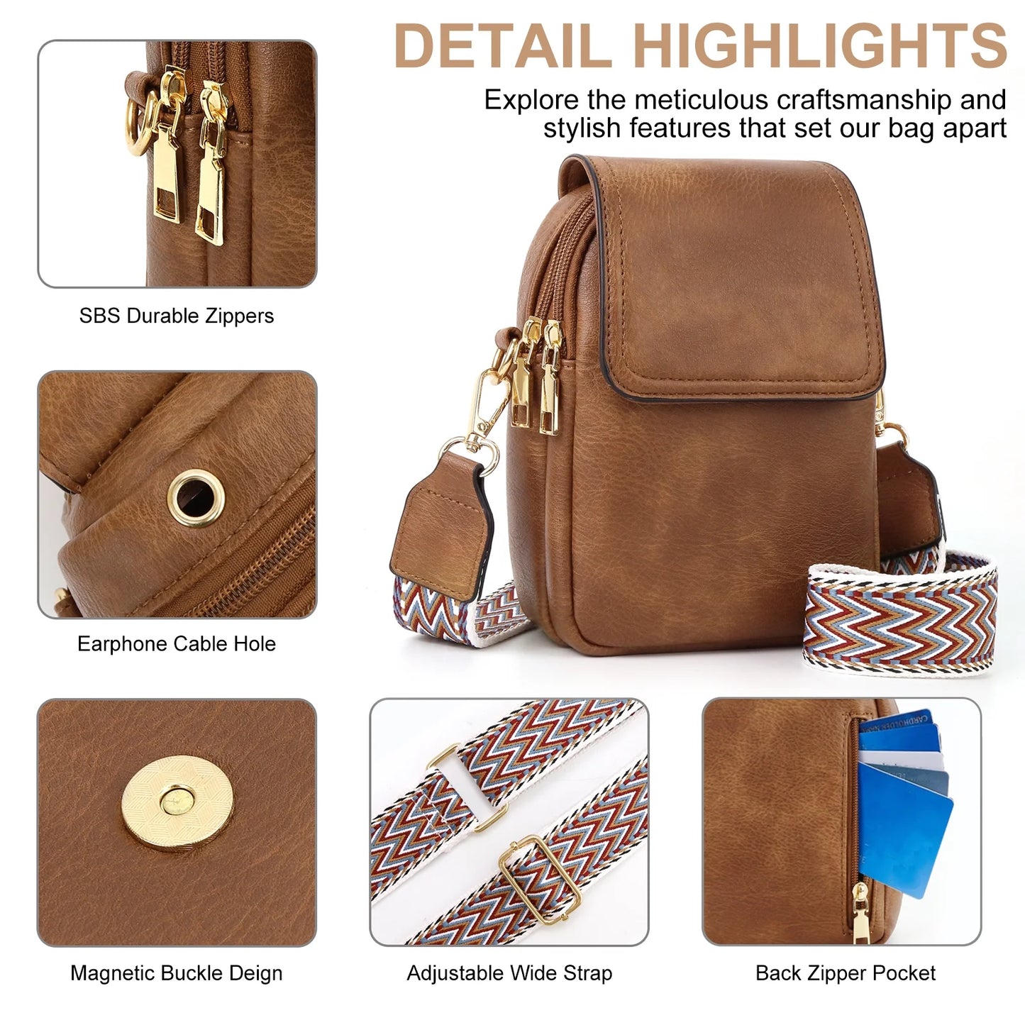 Small Crossbody Bags for Women, Vegan Leather Phone Wallet Purses with Detachable & Adjustable Guitar Strap, Double Compartment & Back Zipper Pocket, Trendy Crossbody Purse for Travel, Brown
