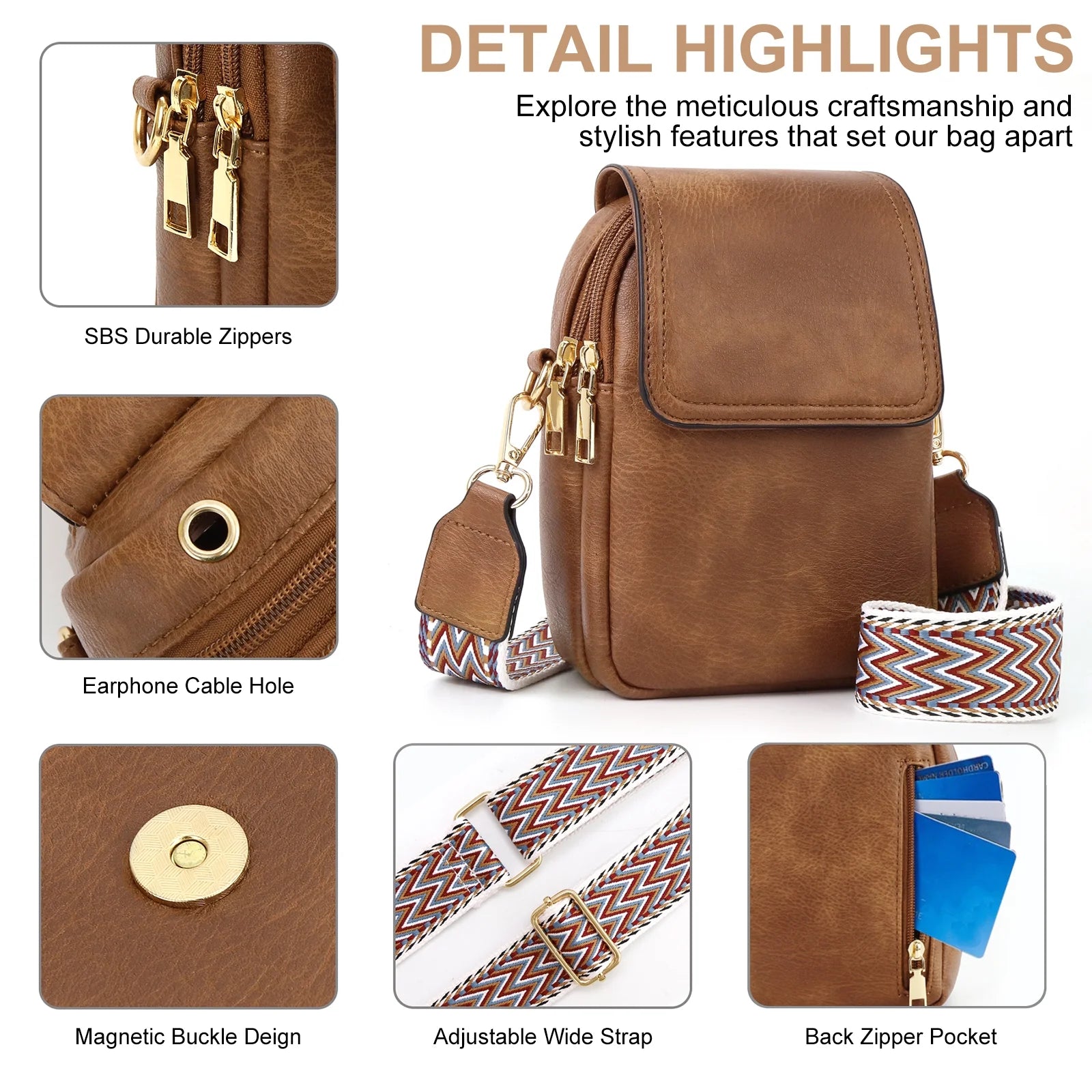 Small Crossbody Bags for Women, Vegan Leather Phone Wallet Purses with Detachable & Adjustable Guitar Strap, Double Compartment & Back Zipper Pocket, Trendy Crossbody Purse for Travel, Brown