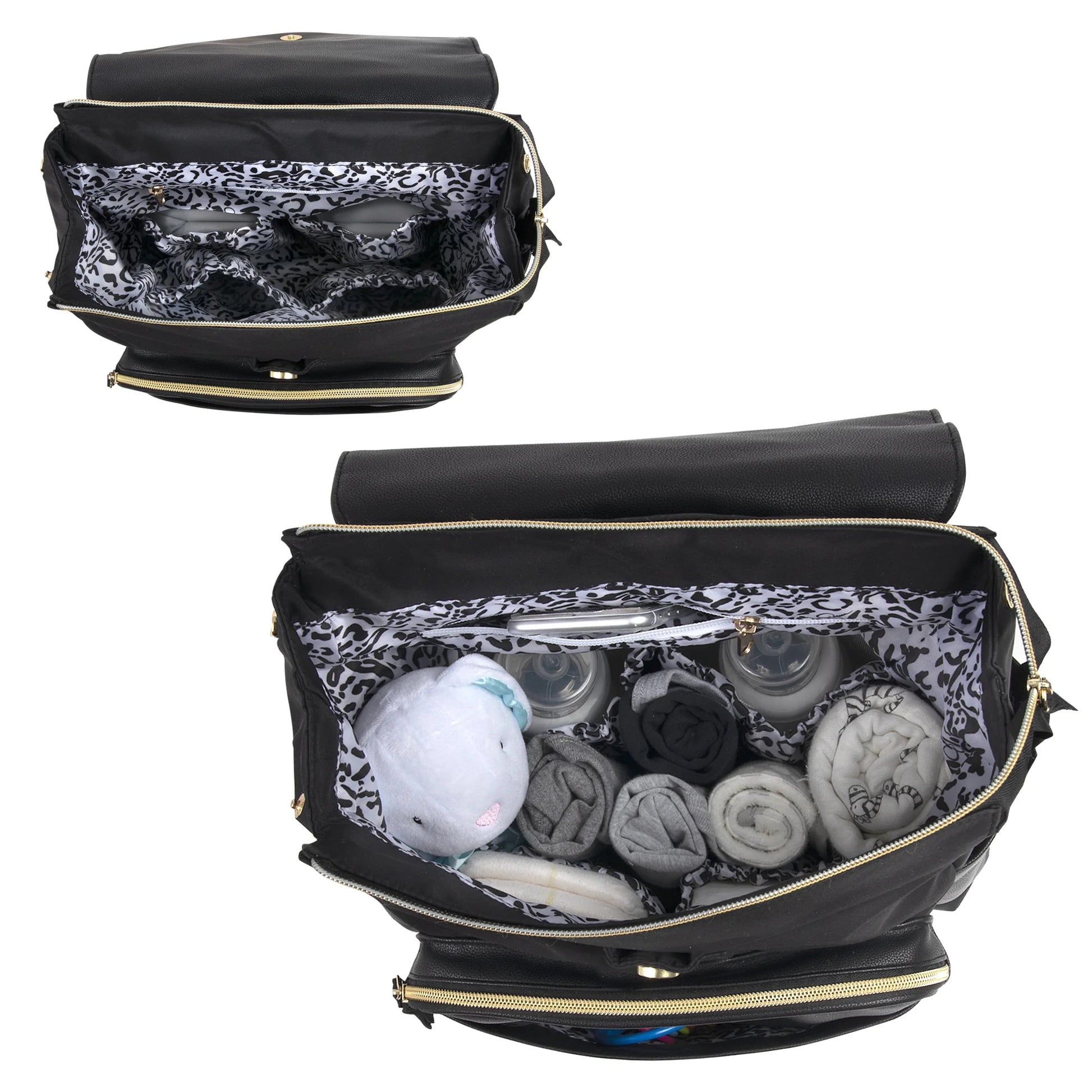Black Vegan Leather Multi-Pocket Magnetic Flap & Zipper Closure Fashion Diaper Bag Backpack with Snow Leopard Print Interior, Matching 3-Ply Folding Baby Changing Pad