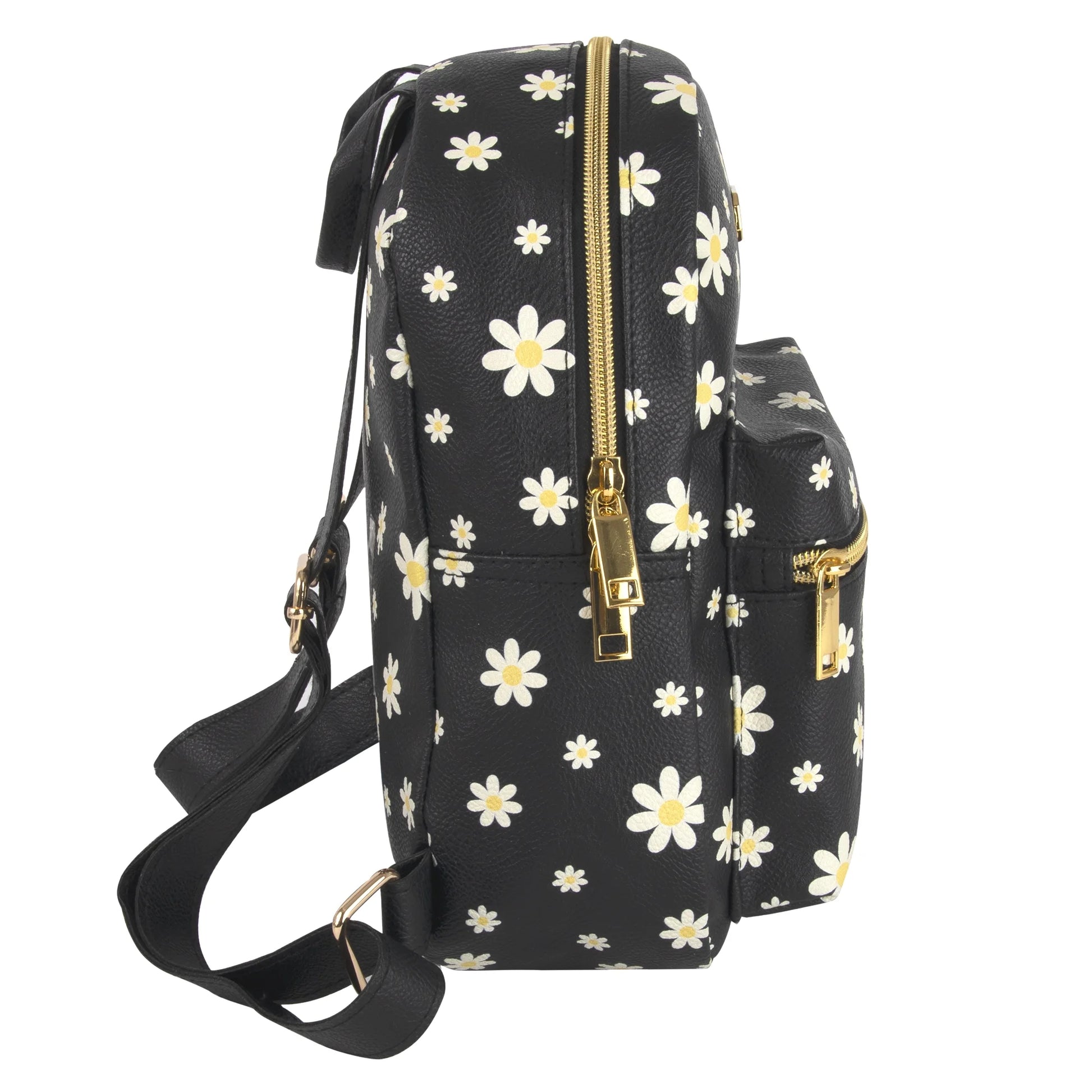 Mini Waterproof Vegan Leather Backpack for Women, Commuting & Traveling in Black Flowers