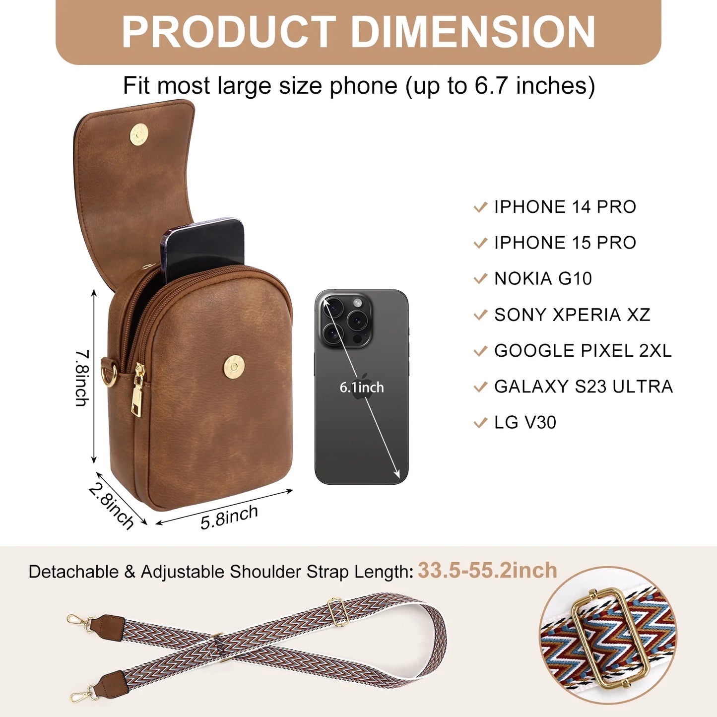 Small Crossbody Bags for Women, Vegan Leather Phone Wallet Purses with Detachable & Adjustable Guitar Strap, Double Compartment & Back Zipper Pocket, Trendy Crossbody Purse for Travel, Brown
