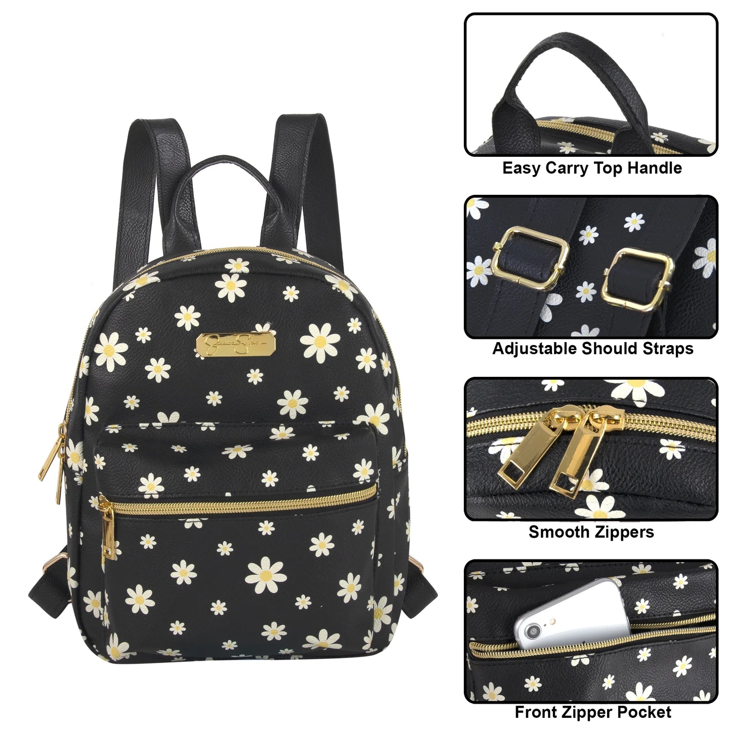 Mini Waterproof Vegan Leather Backpack for Women, Commuting & Traveling in Black Flowers