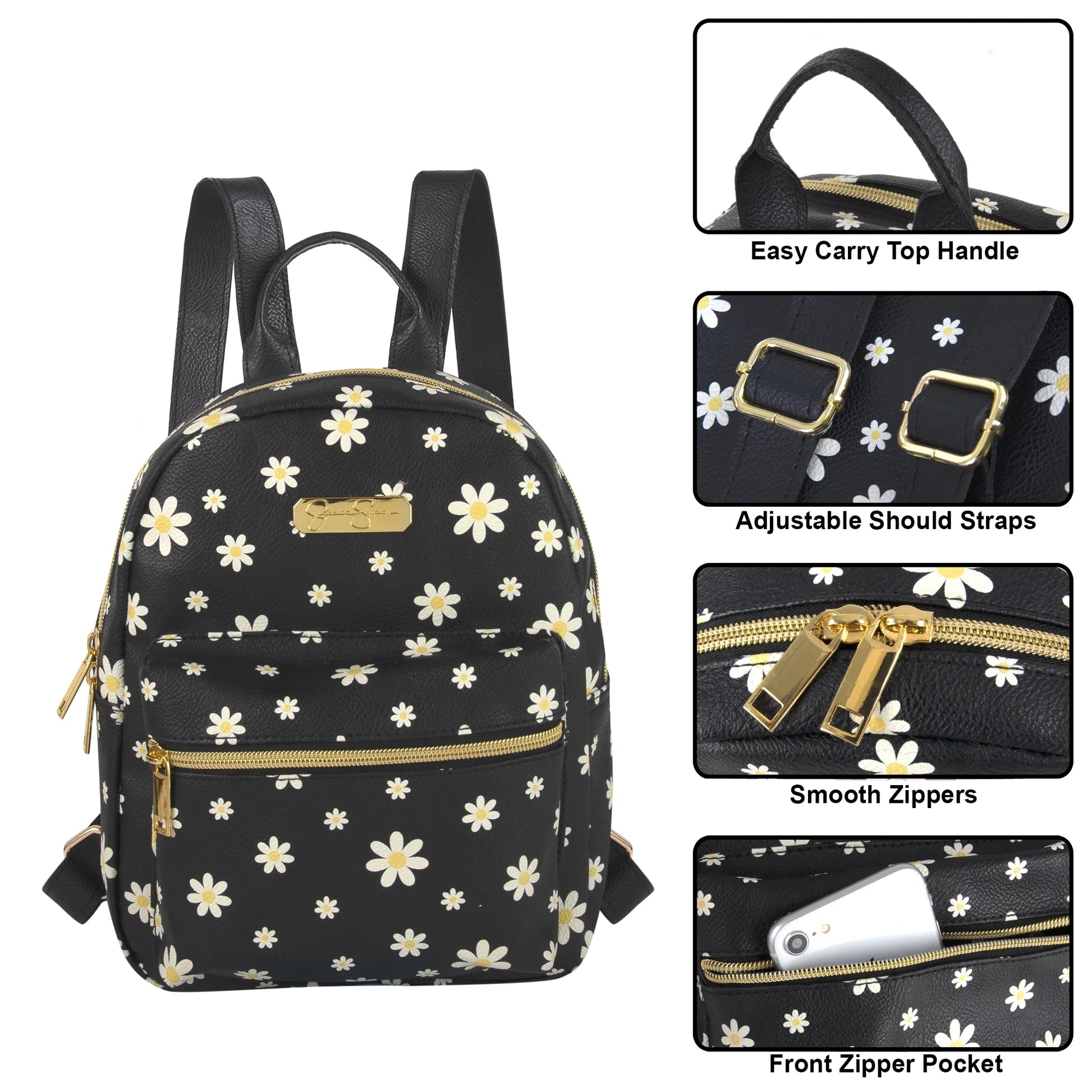 Mini Waterproof Vegan Leather Backpack for Women, Commuting & Traveling in Black Flowers