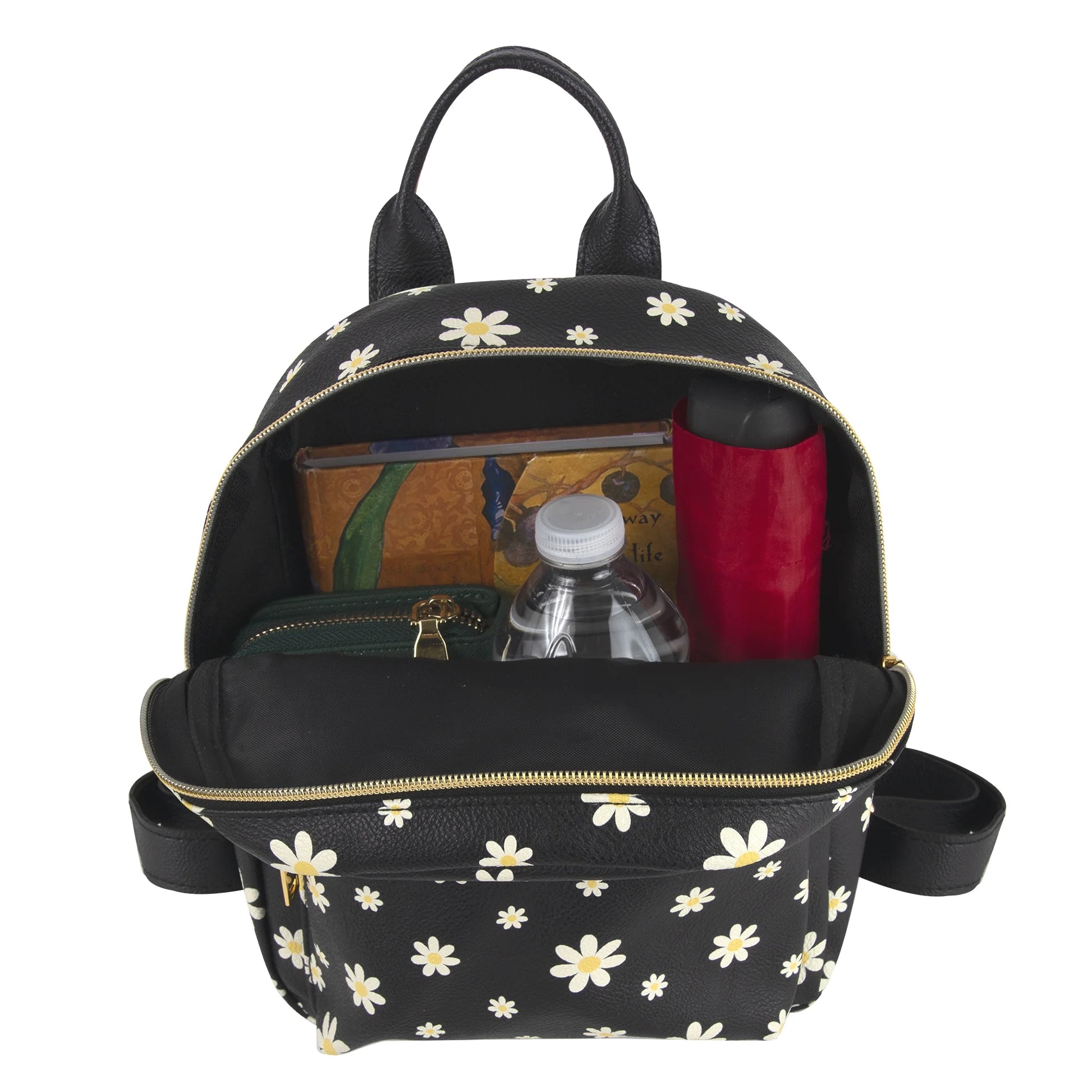 Mini Waterproof Vegan Leather Backpack for Women, Commuting & Traveling in Black Flowers